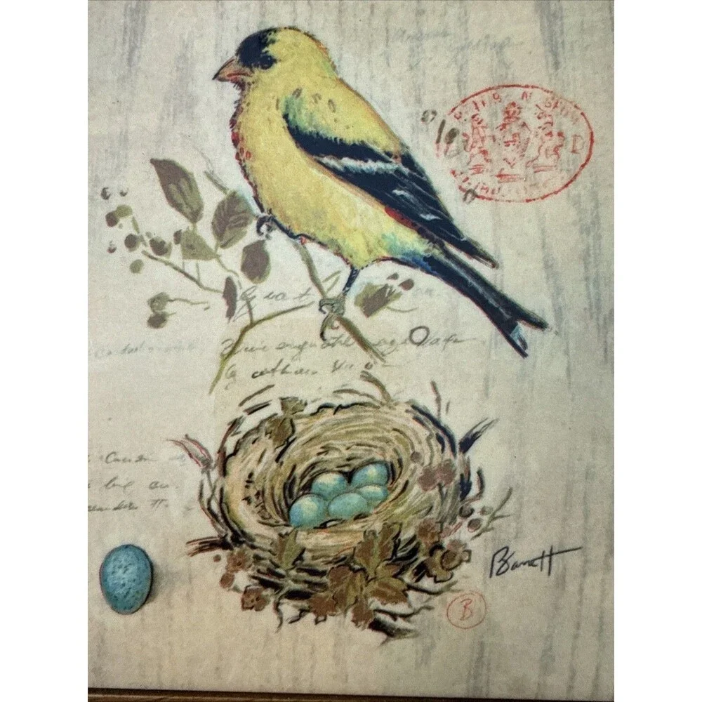 VTG Gilded Songbird 4 Chad Barrett  Art Tile Framed In Wood 8x8x .5”D Wall Decor